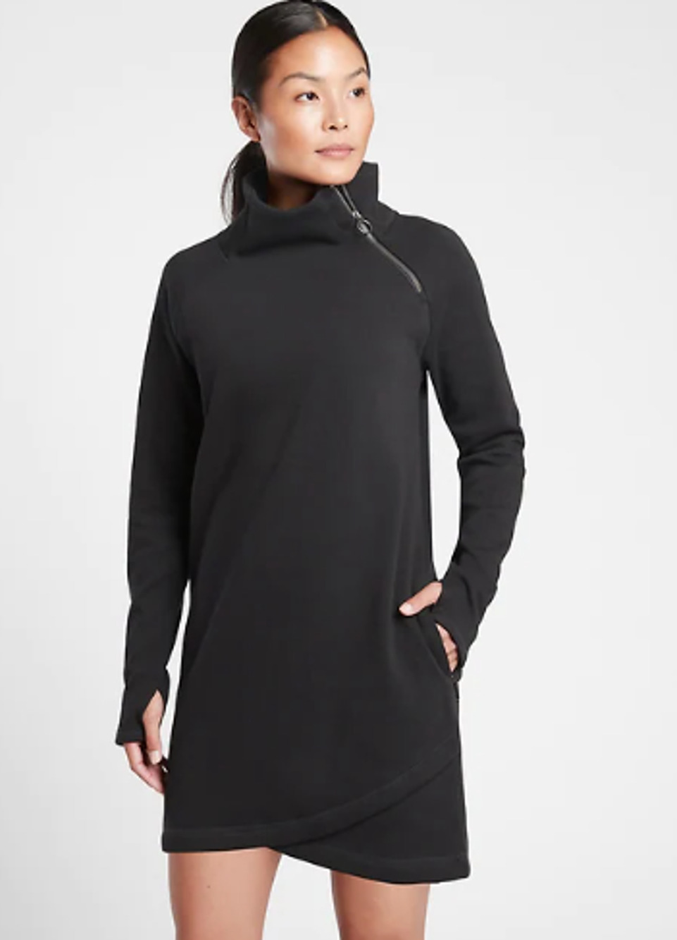 Athleta S black Cozy Karma Asym Sweatshirt Dress soft warm long comfy turtleneck